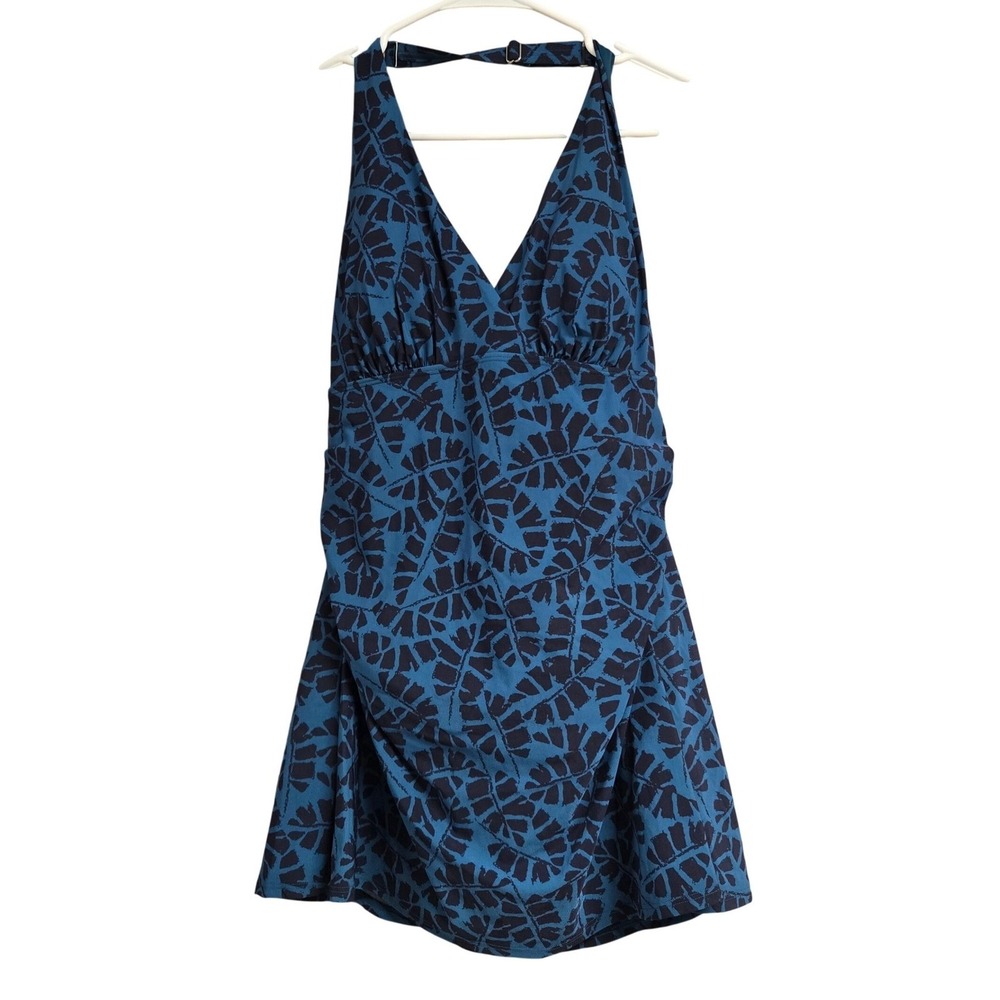 LL Bean Blue Palm Leaf Halter Swim Dress One Piece Swimsuit Size 12 Reg UPF 50+
